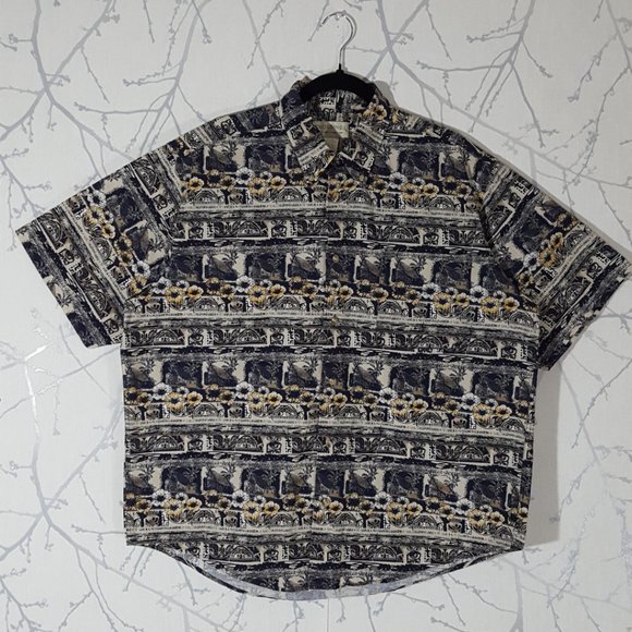 Crossings Abstract Floral Geometric Printed Button Front Short Sleeve Shirt - Picture 1 of 4